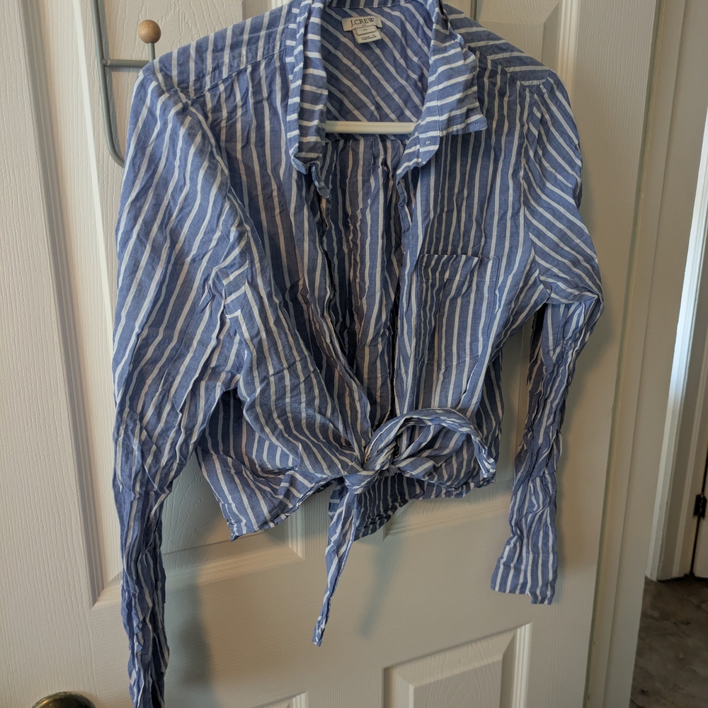 J. Crew Factory Blue and White Striped Tie-Front Blouse